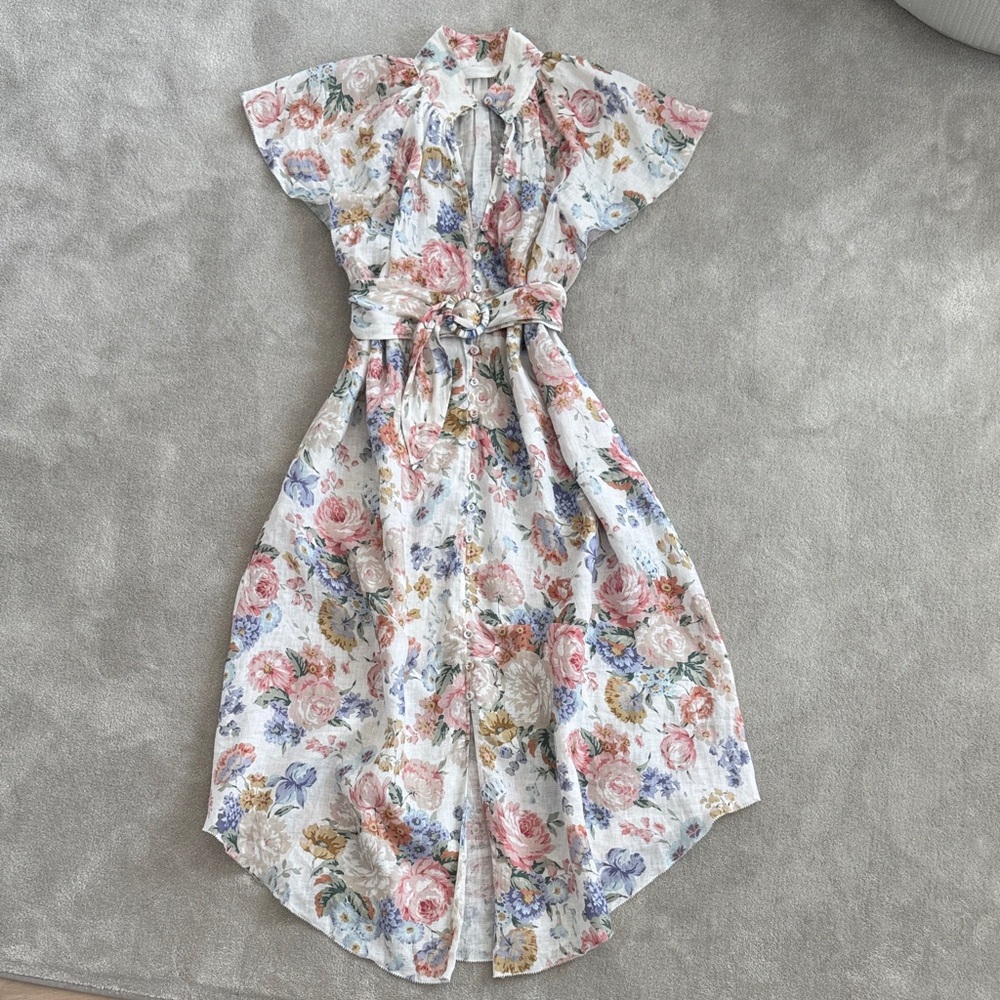 Zimmermann White Floral Button-Up Dress with Pink and Green Accents, size 0